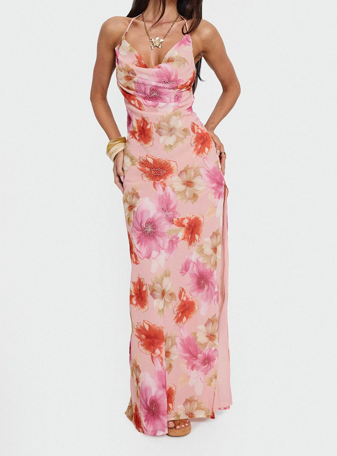 Sibellah Beaded Cowl Neck Maxi Dress Pink Multi