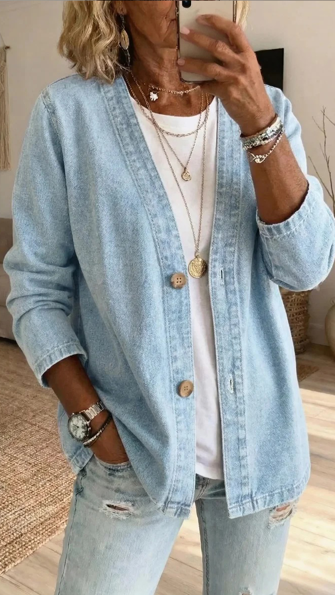 Women's Polyester Denim-Like V-Neck Cardigan - Nordfashionstorm - Women's Clothing, Fashion for You - Nordfashionstorm.com