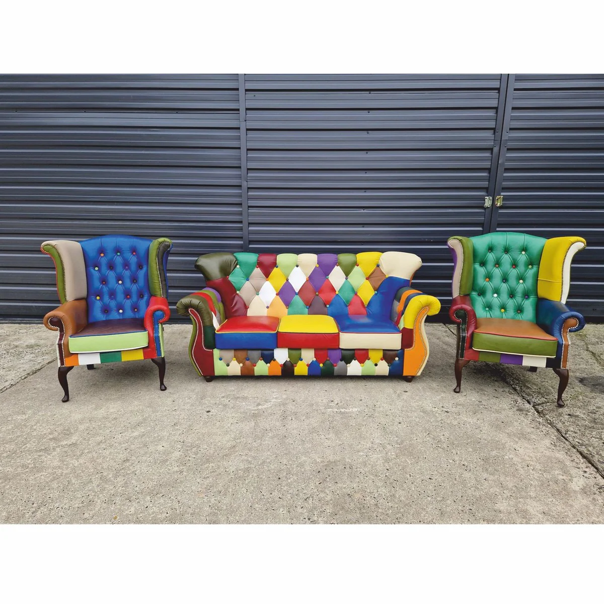 Luxury Chesterfield Leather 3 Seater Sofa Colorful / Dark Brown 200 cm - Patchwork Real Leather Furniture