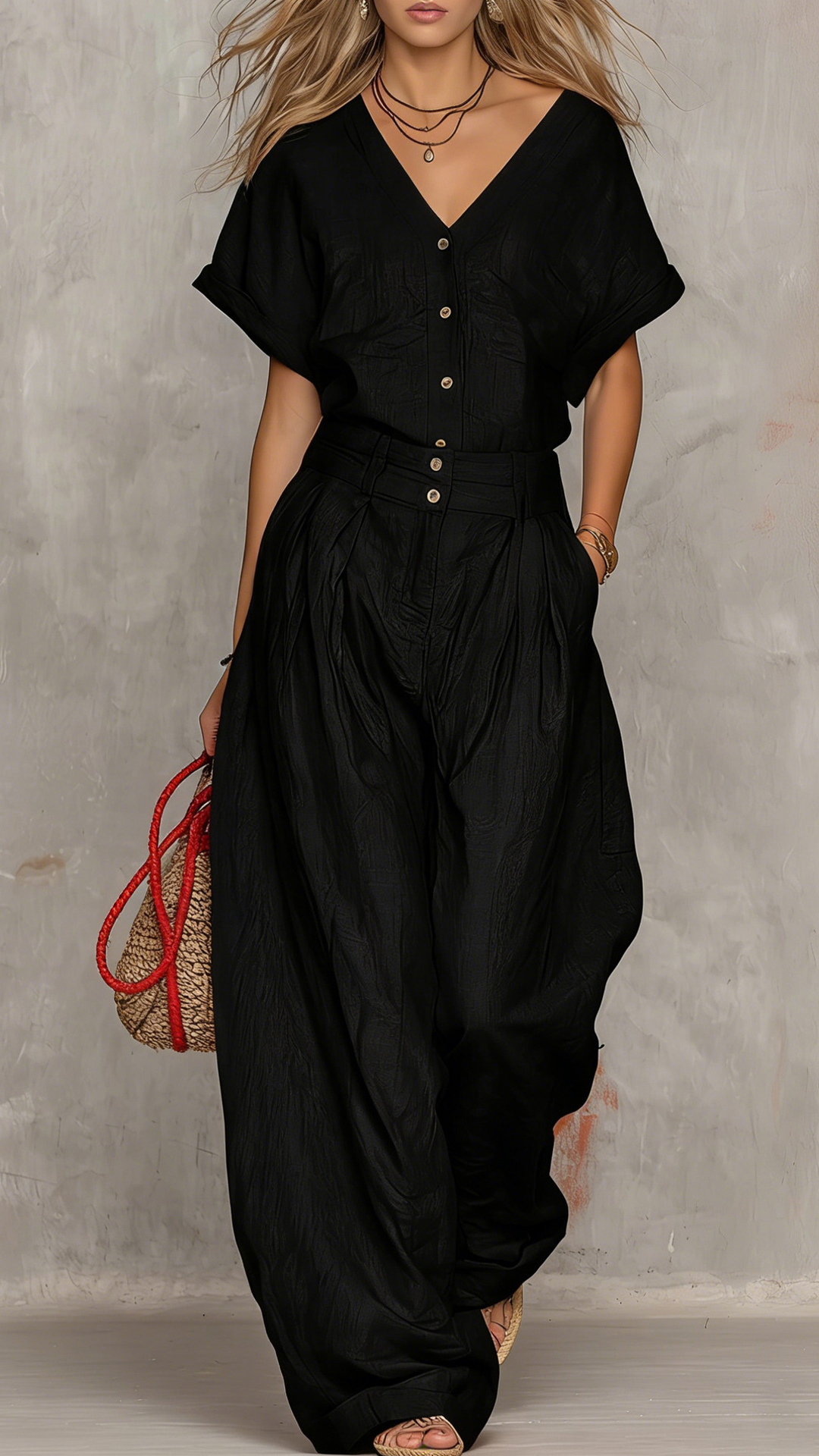 Women's Cotton-Blend Textured V-Neck Top & Wide-Leg Pants Set - Nordfashionstorm - Women's Clothing, Fashion for You - Nordfashionstorm.com