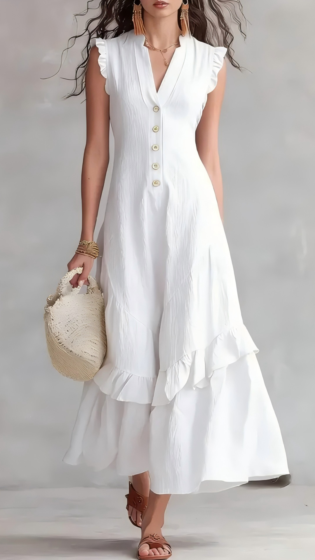 Women's Cotton-Blend Light Blue V-Neck Ruffle Sleeveless Dress - Nordfashionstorm - Women's Clothing, Fashion for You - Nordfashionstorm.com