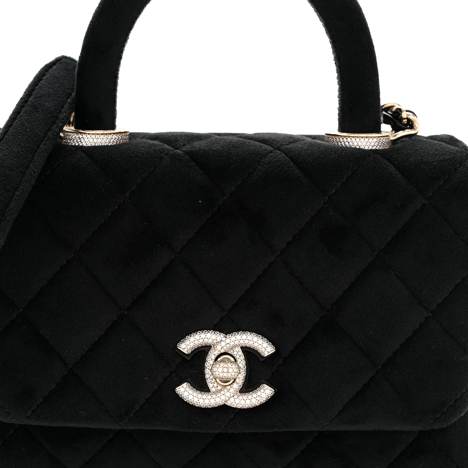Velvet Crystal Quilted Extra Mini Coco Handle Flap Black - Top Club