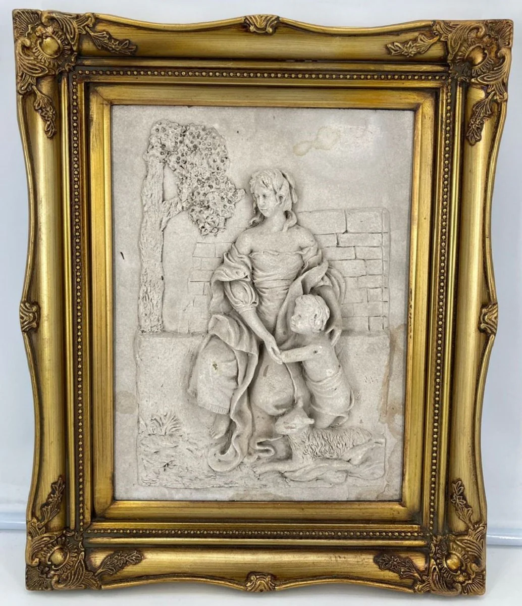 Baroque wall relief gray / gold 44.5 x H. 55 cm - antique style wall decoration stone relief with splendid frame - decorative accessories in the baroque style - baroque wall decoration