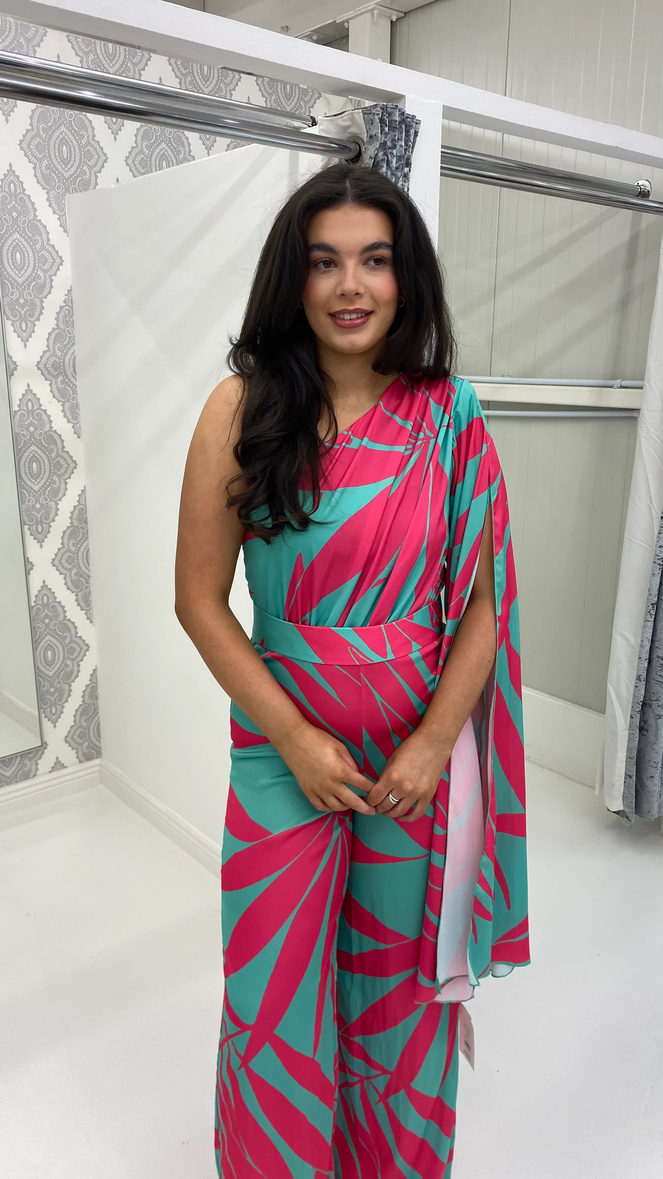 Turquoise/Pink Printed One Shoulder Jumpsuit