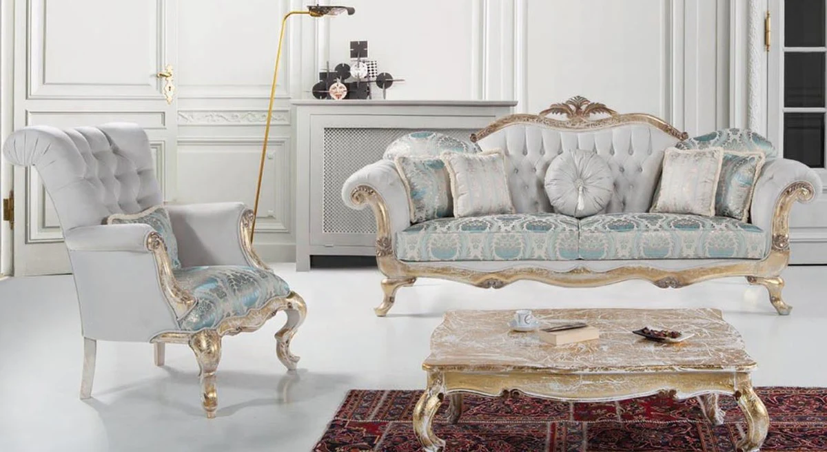 Luxury Baroque Living Room Set Gray / Turquoise / Antique Gold - 2 Sofas & 2 Armchairs & 1 Coffee Table - Living Room Furniture in Baroque Style - Noble & Magnificent