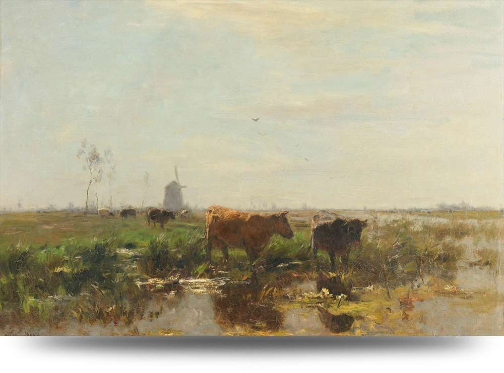 Canvas schilderij - Koeien in een weiland bij een sloot 200 x 100 cm