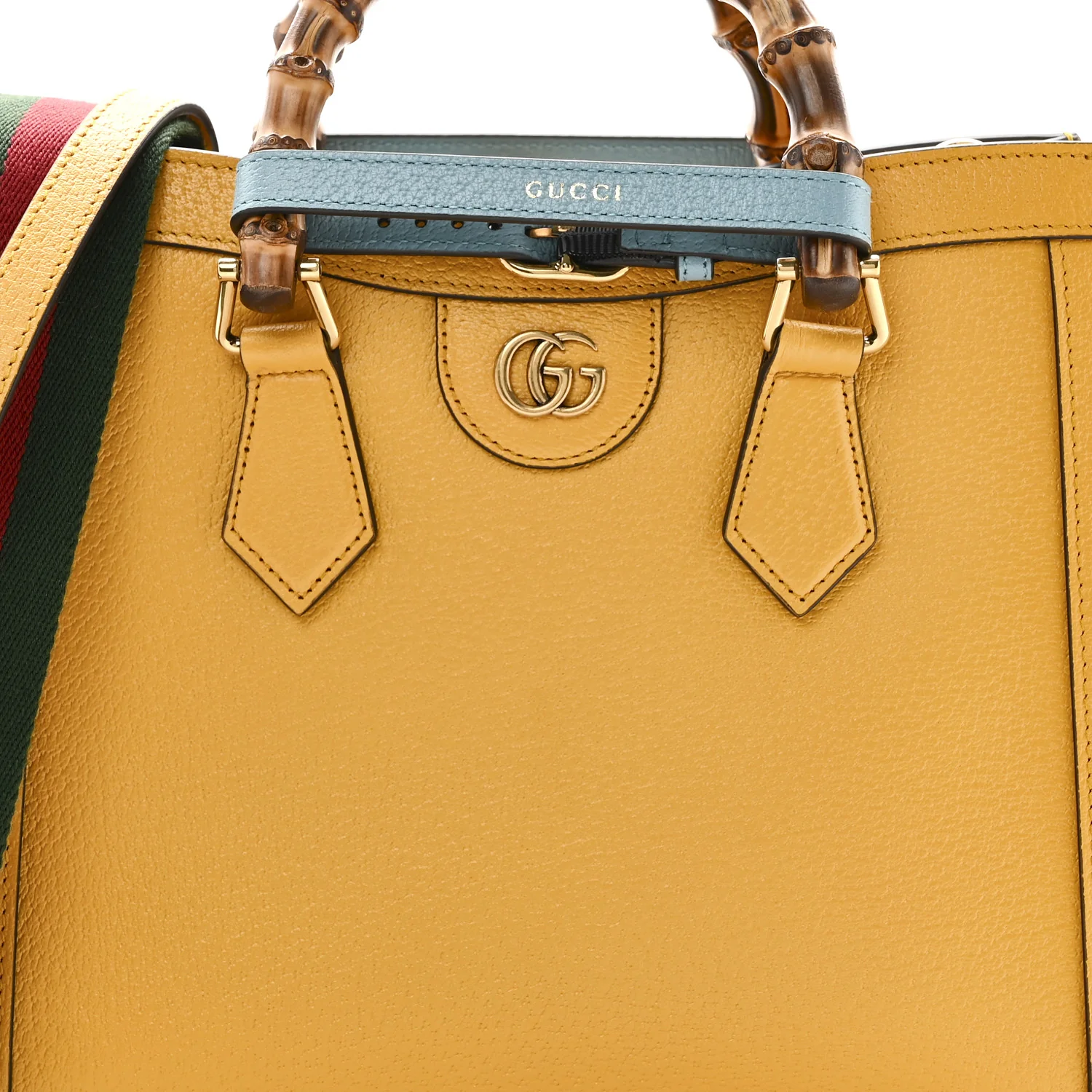 Textured Dollar Calfskin Web Small Diana Tote Bag Yellow Dusty Azure - Top Club