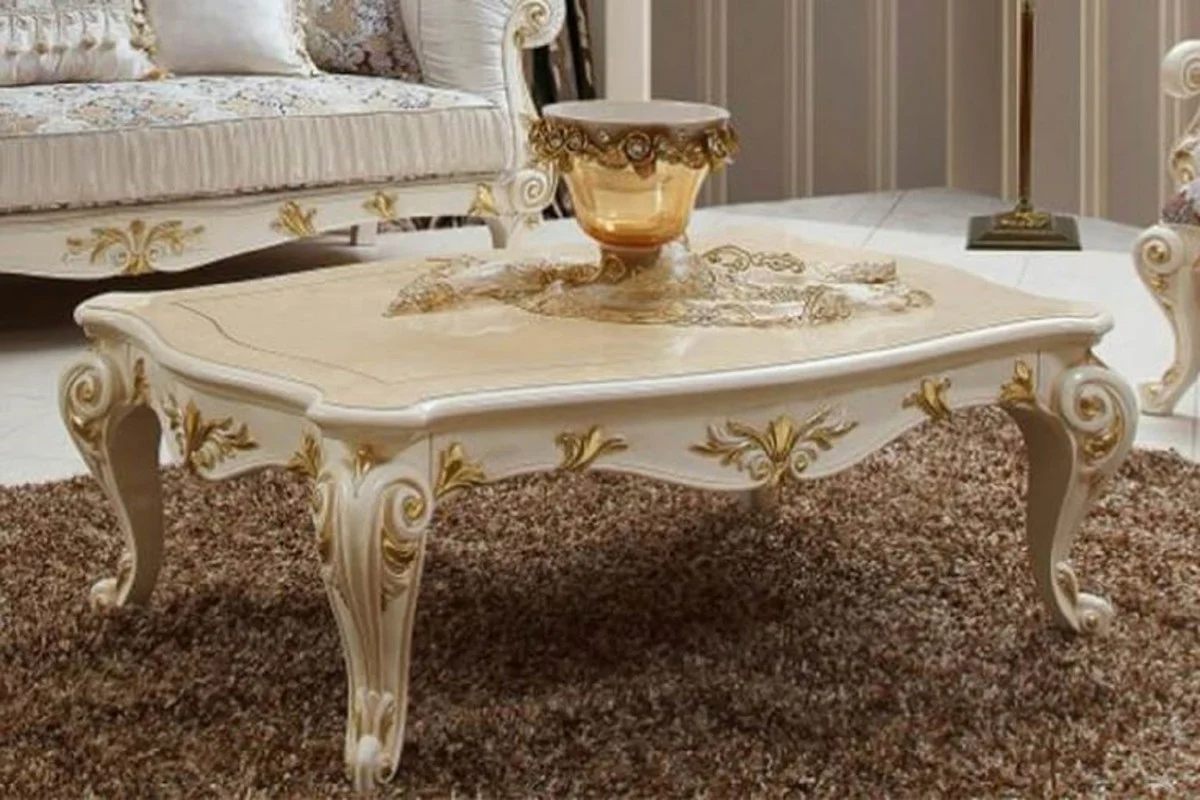 Luxury Baroque Living Room Set White / Brown / Multicolored / Cream / Gold - 2 Baroque Sofas & 2 Baroque Armchairs & 1 Baroque Coffee Table - Luxury Living Room Furniture in Baroque Style - Baroque Furniture