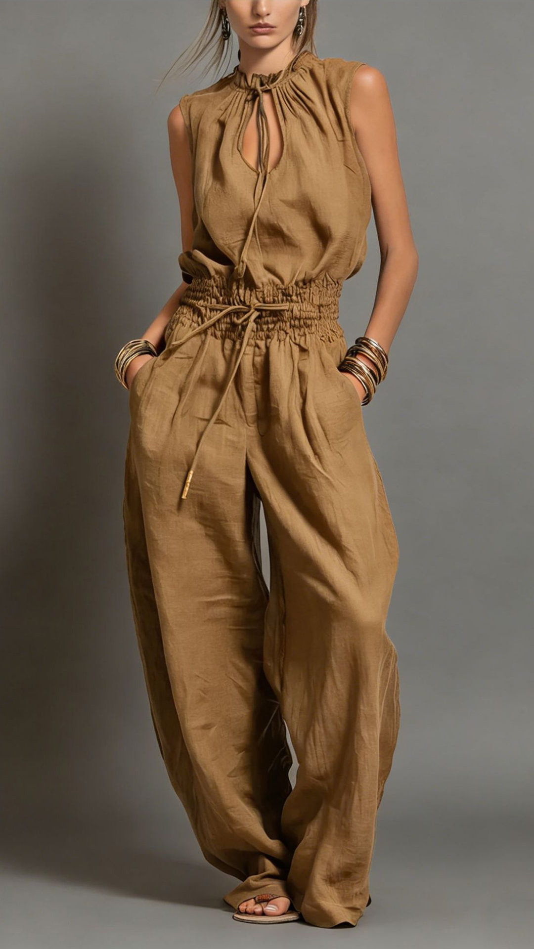 Women's Cotton-Blend Light Beige Waisted Sleeveless Jumpsuit - Nordfashionstorm - Women's Clothing, Fashion for You - Nordfashionstorm.com