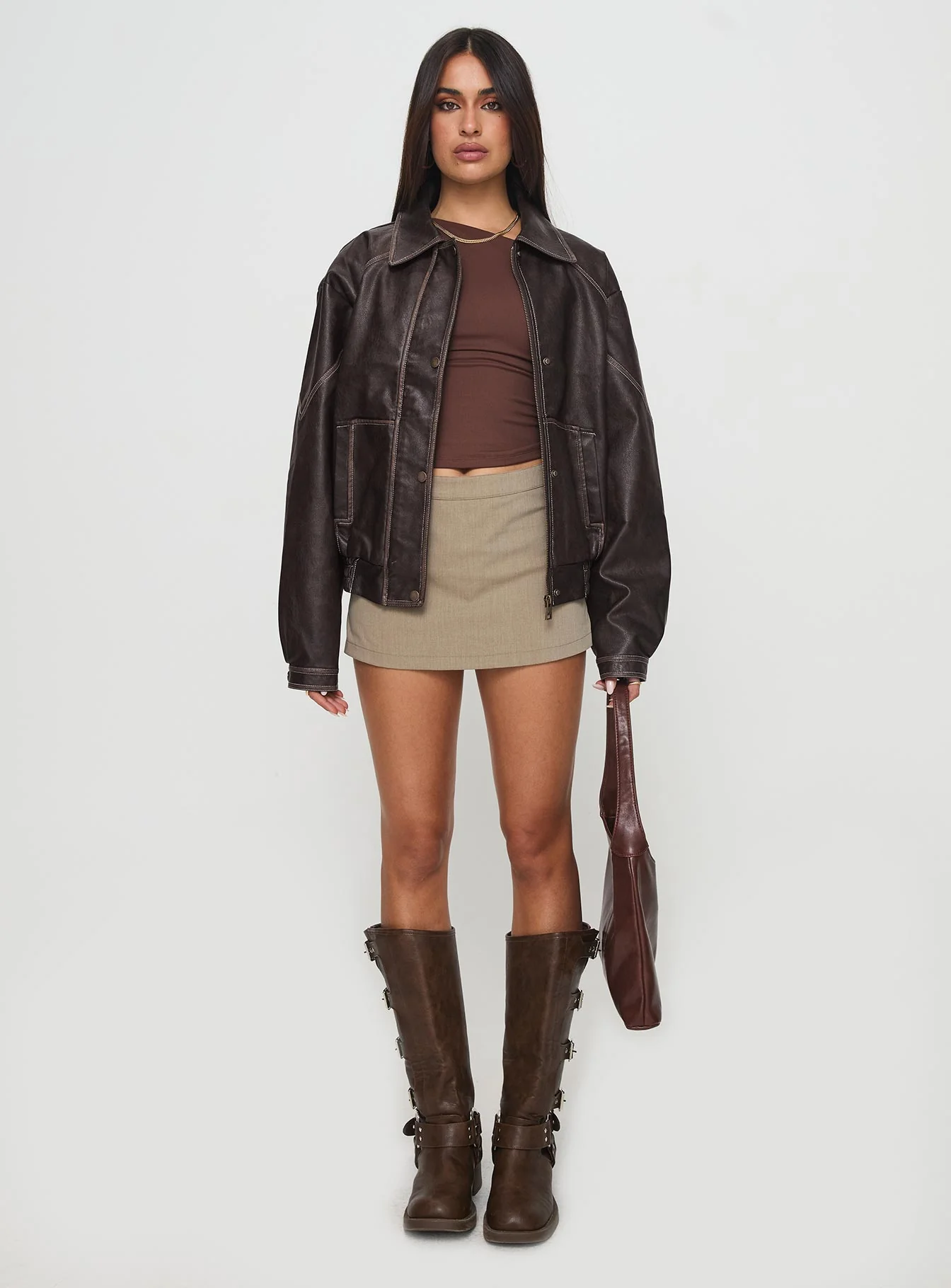 Jaxton Faux Leather Jacket Brown Petite