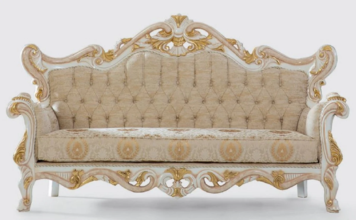 Luxury Baroque Sofa Beige / White / Gold 225 x 90 x H. 128 cm - Handmade Living Room Sofa with Elegant Pattern - Baroque Living Room Furniture - Noble & Magnificent