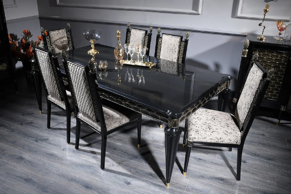 Luxury Baroque Dining Room Chair Set Silver Gray / Black / Gold - Handmade Kitchen Chairs Set of 6 - Baroque Dining Room Furniture - Noble & Magnificent
