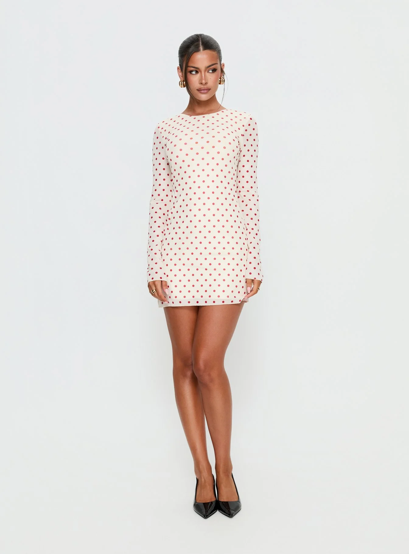 Nyxia Long Sleeve Mini Dress Cream / Red Polka