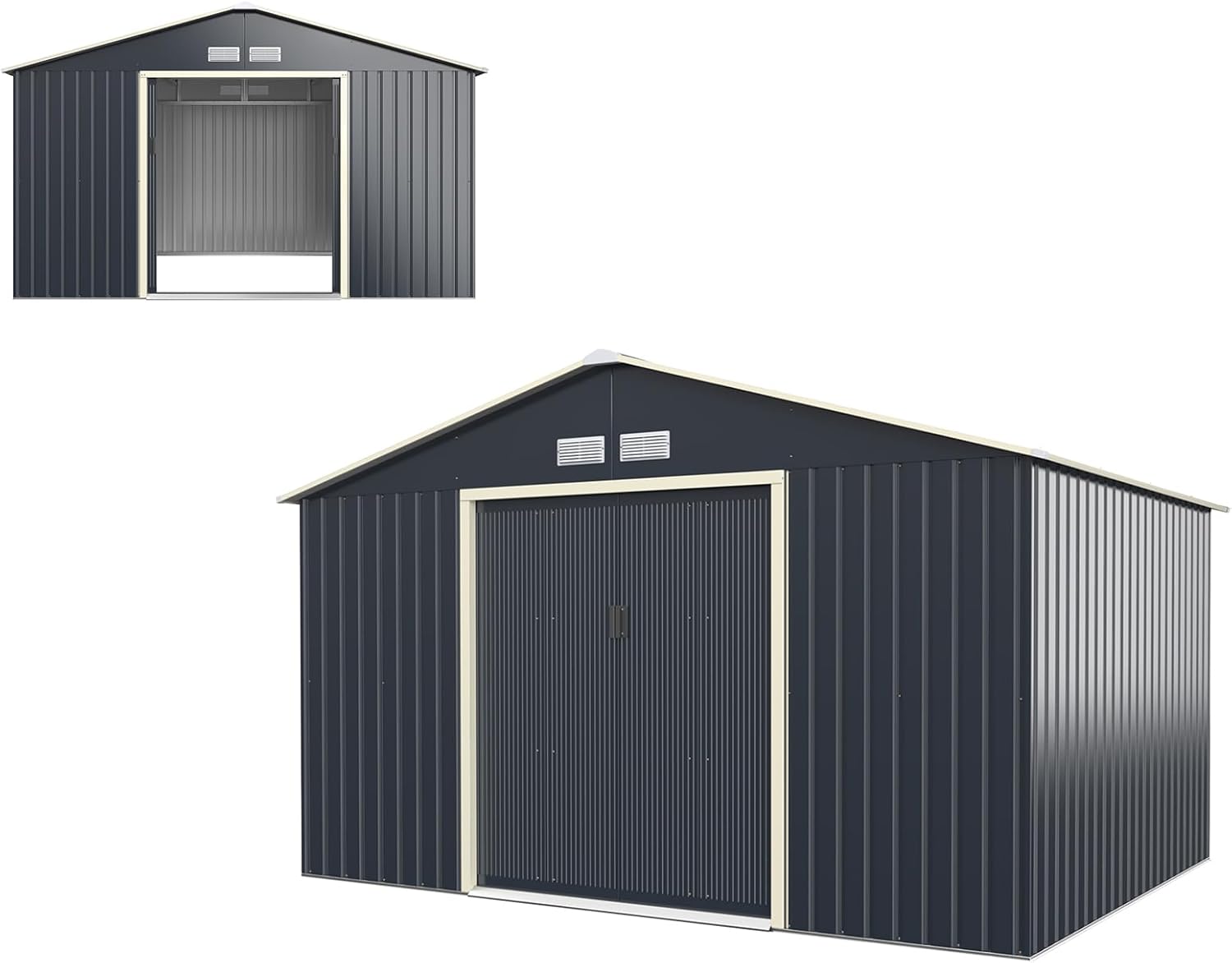 HOMASIS Casetta da Giardino in Metallo, Casetta Porta Attrezzi da Giardino con 2 Finestre di Ventilazione e 2 Porte Scorrevoli, Capanno da Giardino con Tetto a Falde, Grigio, 340 x 255 x 210cm