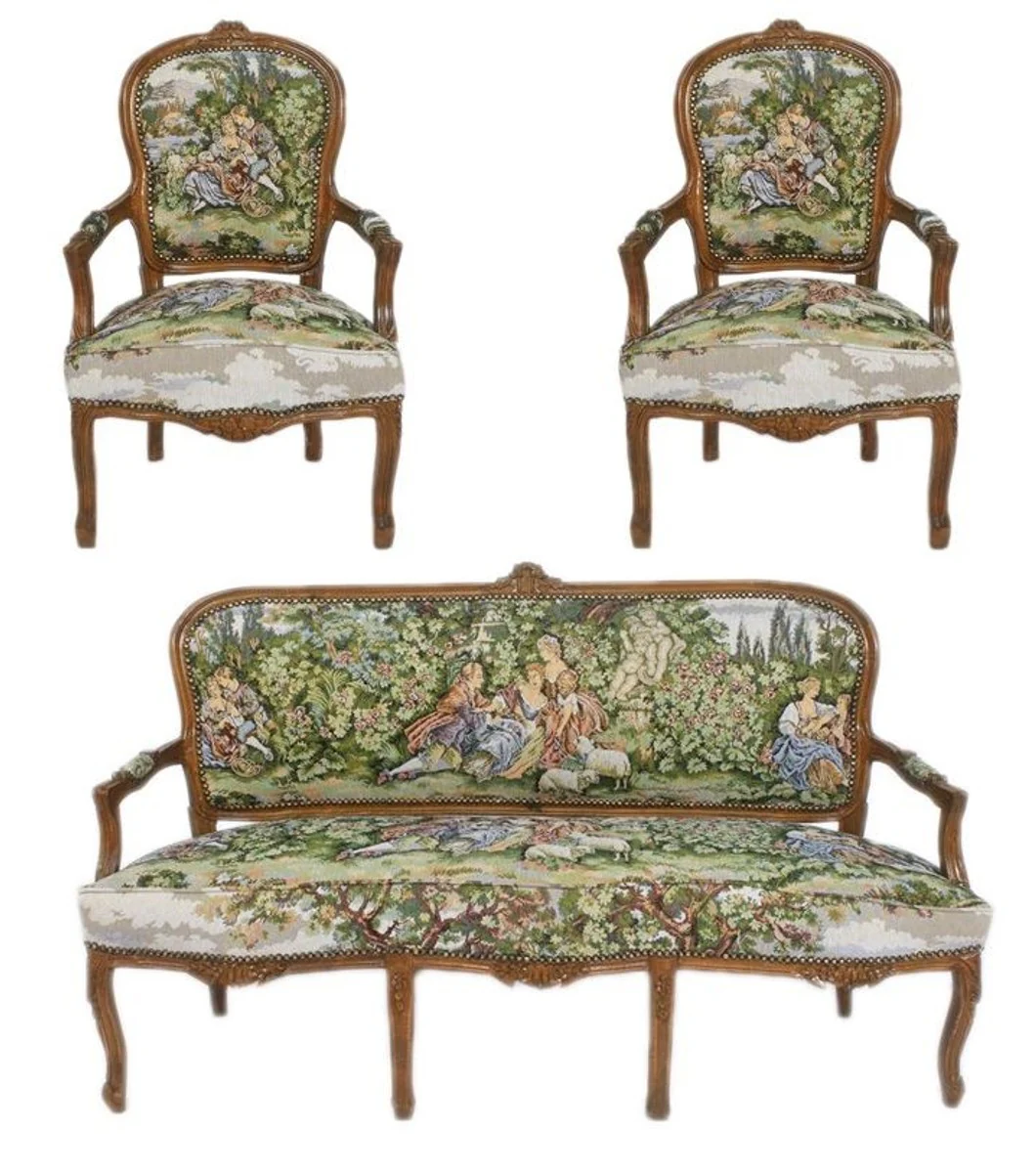 Baroque bench set tapestry / brown - 1 sofa + 2 armchairs