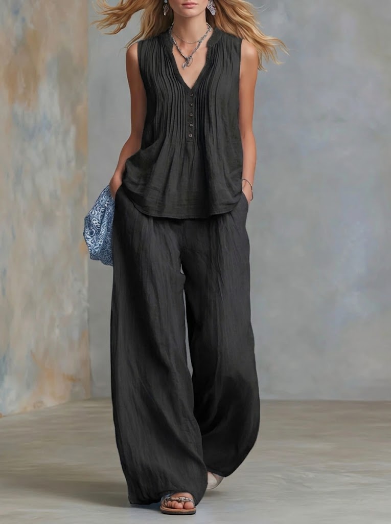 Plus Size Friendly Casual Linen And Cotton Pleated Sleeveless Top And Pants Two-piece Set - Nordfashionstorm - Women's Clothing, Fashion for You - Nordfashionstorm.com
