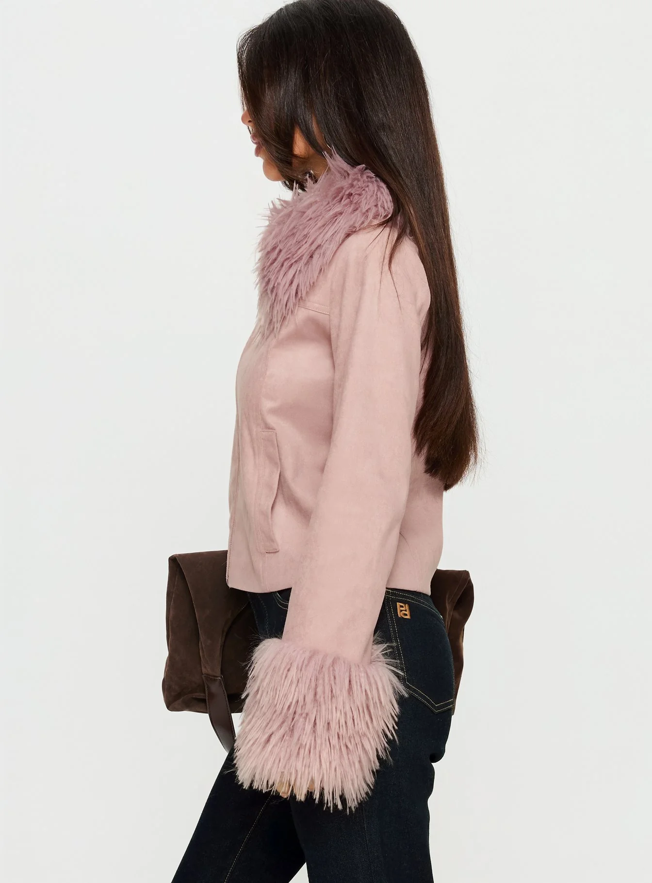 Jeanna Suede Faux Fur Detail Jacket Pink