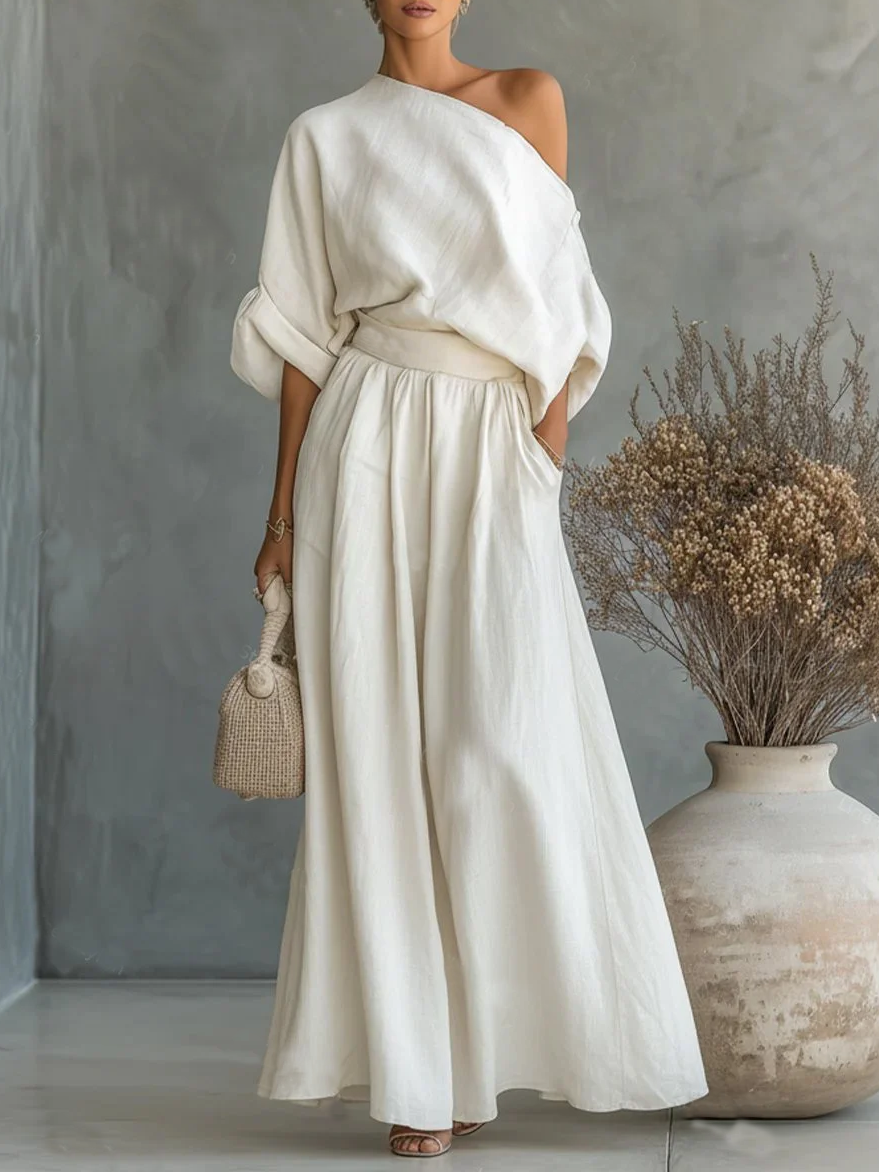 Women's Elegant Off-Shoulder Shirt and Wide-Leg Pants Two-Piece Set - Nordfashionstorm - Women's Clothing, Fashion for You - Nordfashionstorm.com