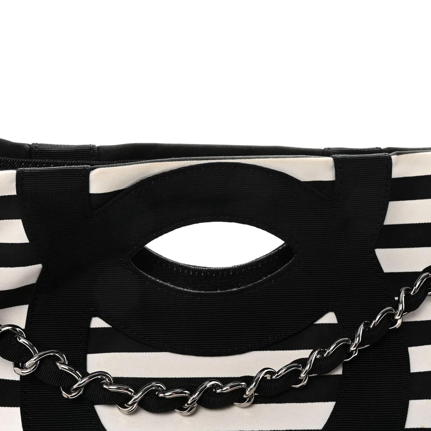 Canvas Grosgrain Striped CC Shopping Tote Black White - Top Club