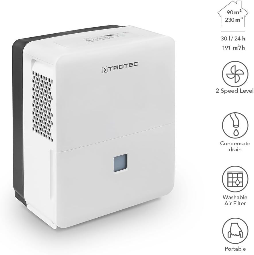 TROTEC Deumidificatore elettrico TTK 96 E – potenza 30 L/giorno – superficie 90 m² / 230 m³ – deumidificatore per ambienti – per appartamenti e camere da letto