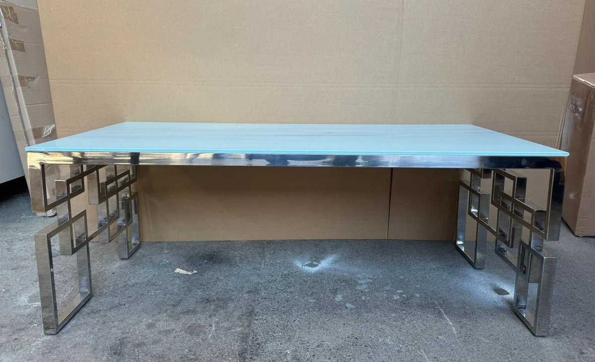 Luxury stainless steel coffee table with marble glass table top white / silver 120 cm