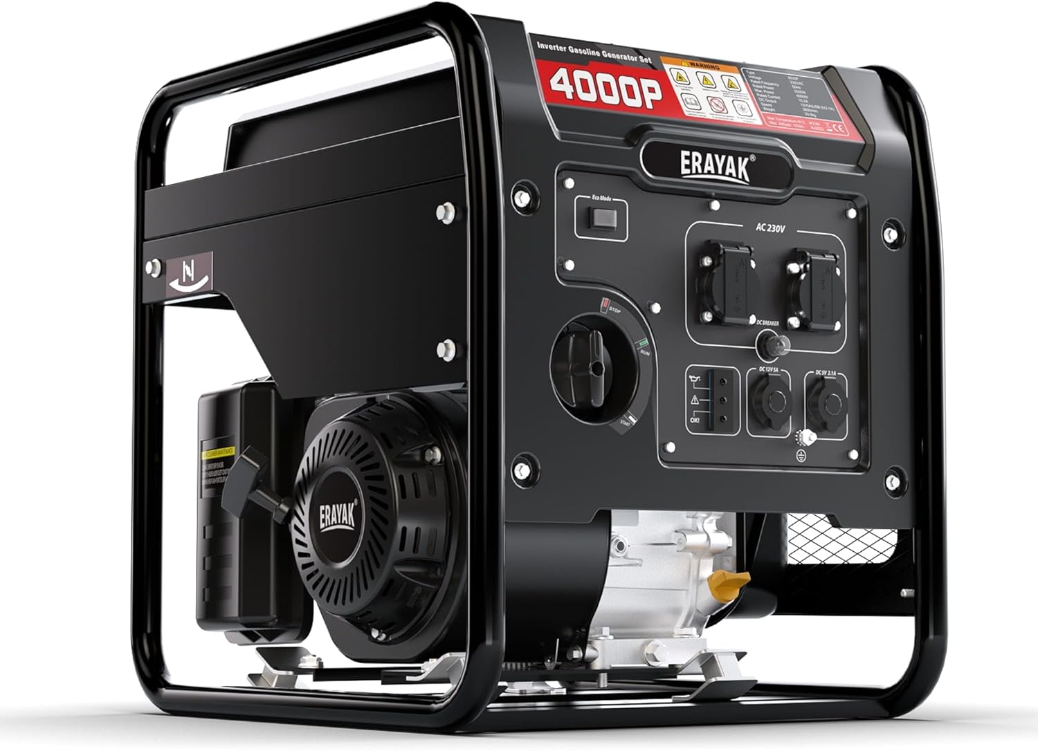 ERAYAK Generatore Di Corrente Silenziato 4000W Motore Generatore di Emergenza a Benzina Inverter Portatile Caratteristica Eco-Mode per Giardino, Esterno, Campeggio,Viaggio (Gasoline 4000P)