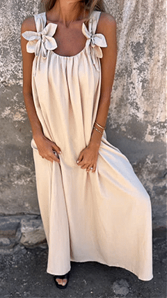 Women's Light Apricot Oversized Sleeveless Maxi Dress With Shoulder Bows - Nordfashionstorm - Women's Clothing, Fashion for You - Nordfashionstorm.com