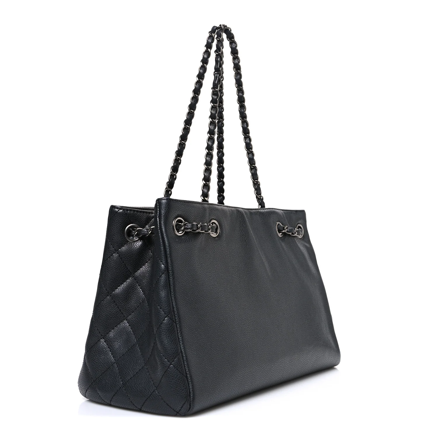 Metallic Grained Calfskin Medium Woven Chain Shopping Bag Black - Top Club