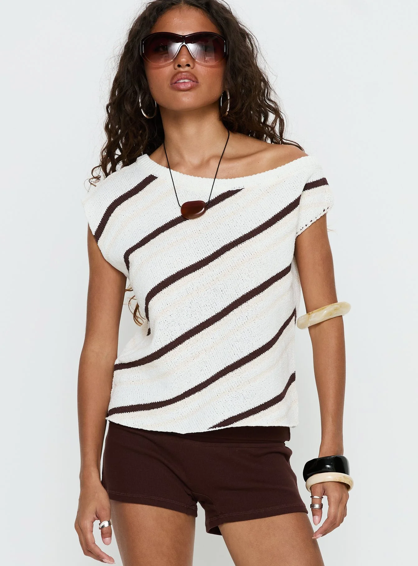 Ashfield Off Shoulder Top White / Beige Stripe
