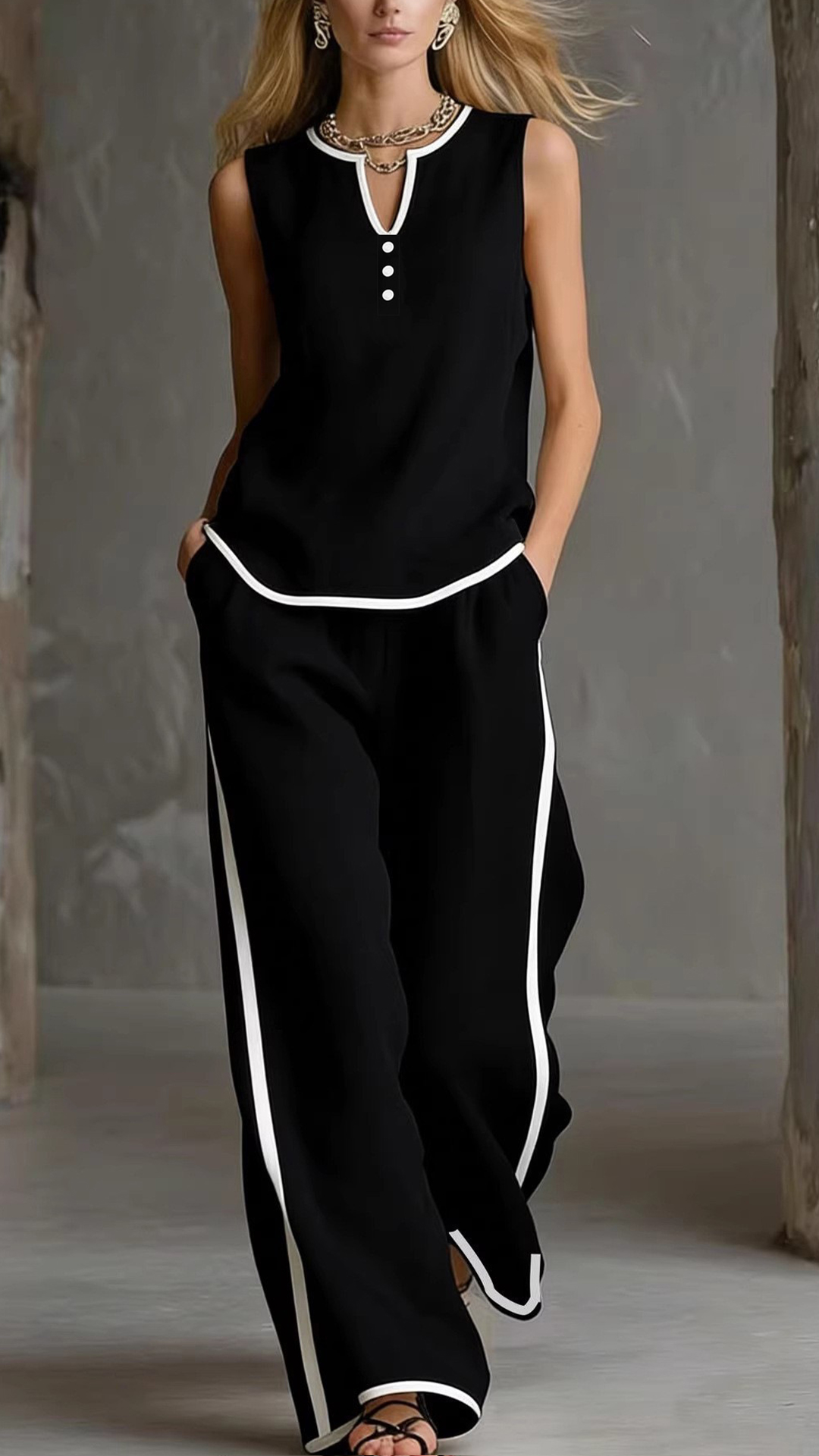 Women's Cotton-Blend Textured Sleeveless Top and Wide-Leg Pants Set - Nordfashionstorm - Women's Clothing, Fashion for You - Nordfashionstorm.com