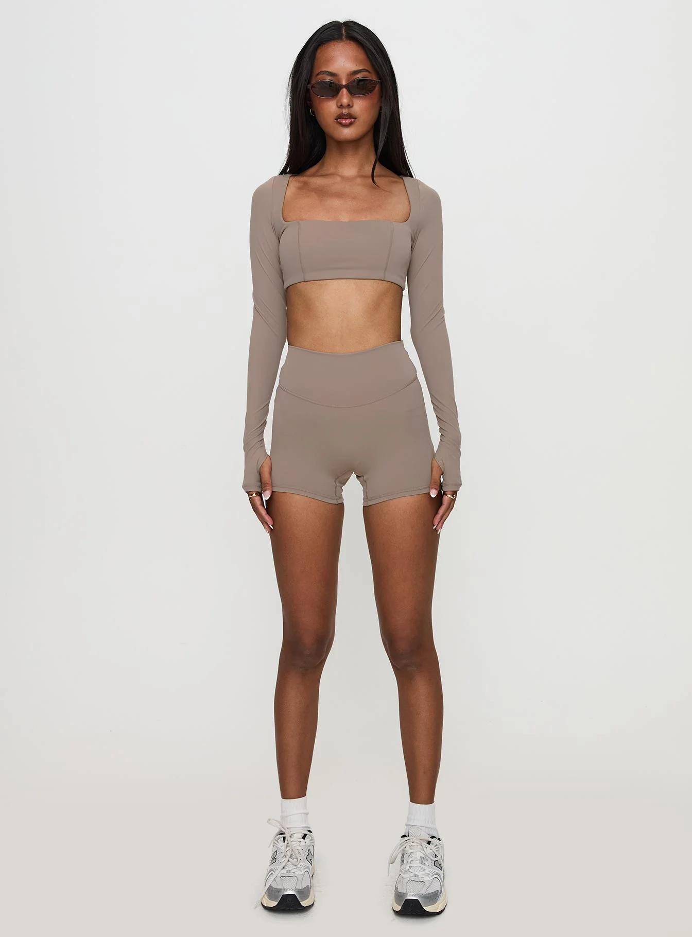 Set Point Active Square Neck Long Sleeve Top Taupe