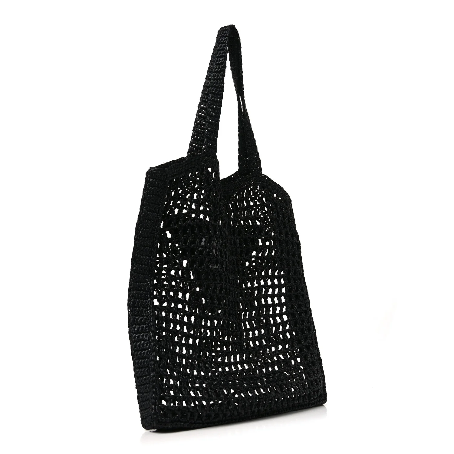 Yarn Raffia Effect Crochet Logo Embroidered Tote Bag Black