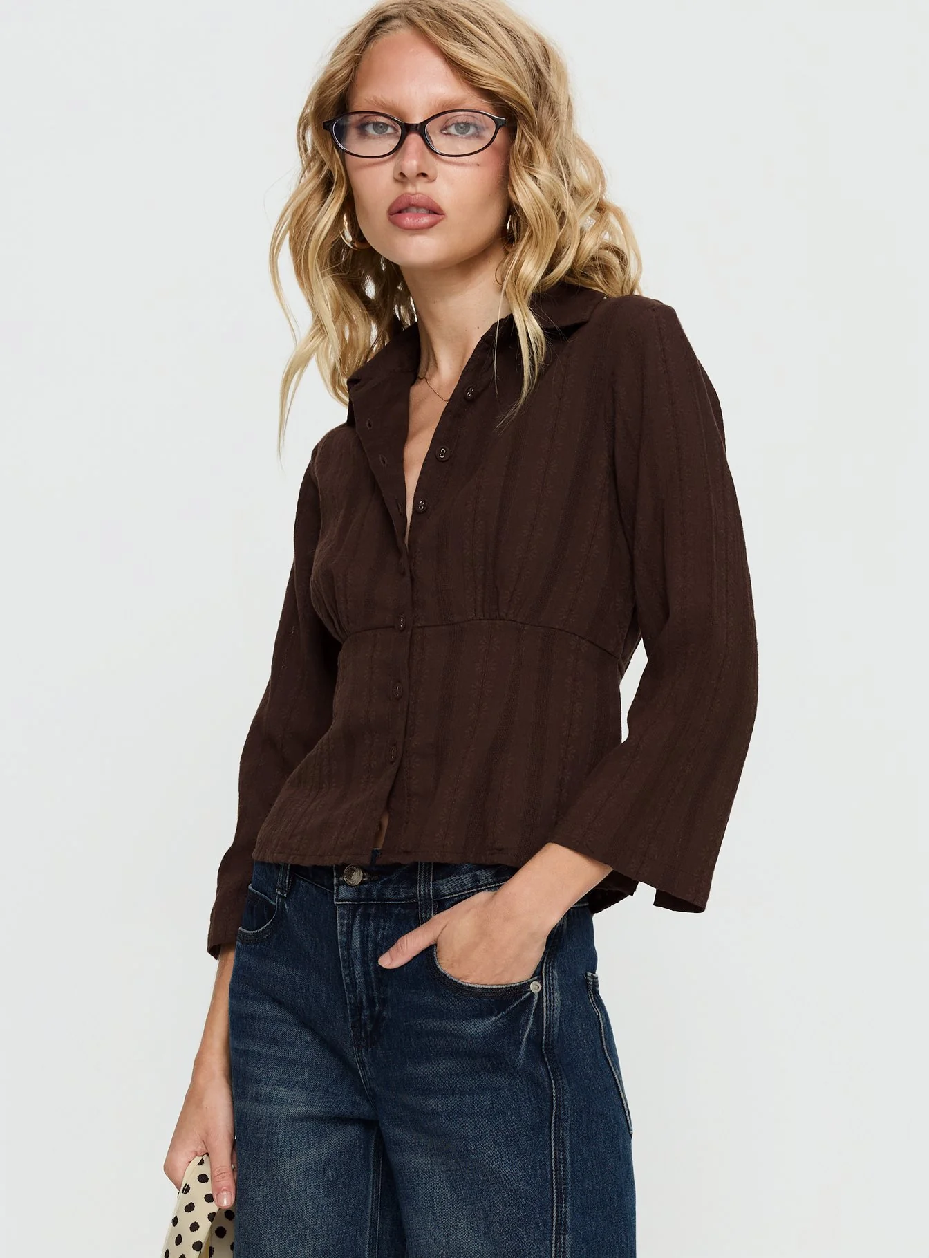 Taelynn 3/4 Sleeve Button Up Shirt Chocolate