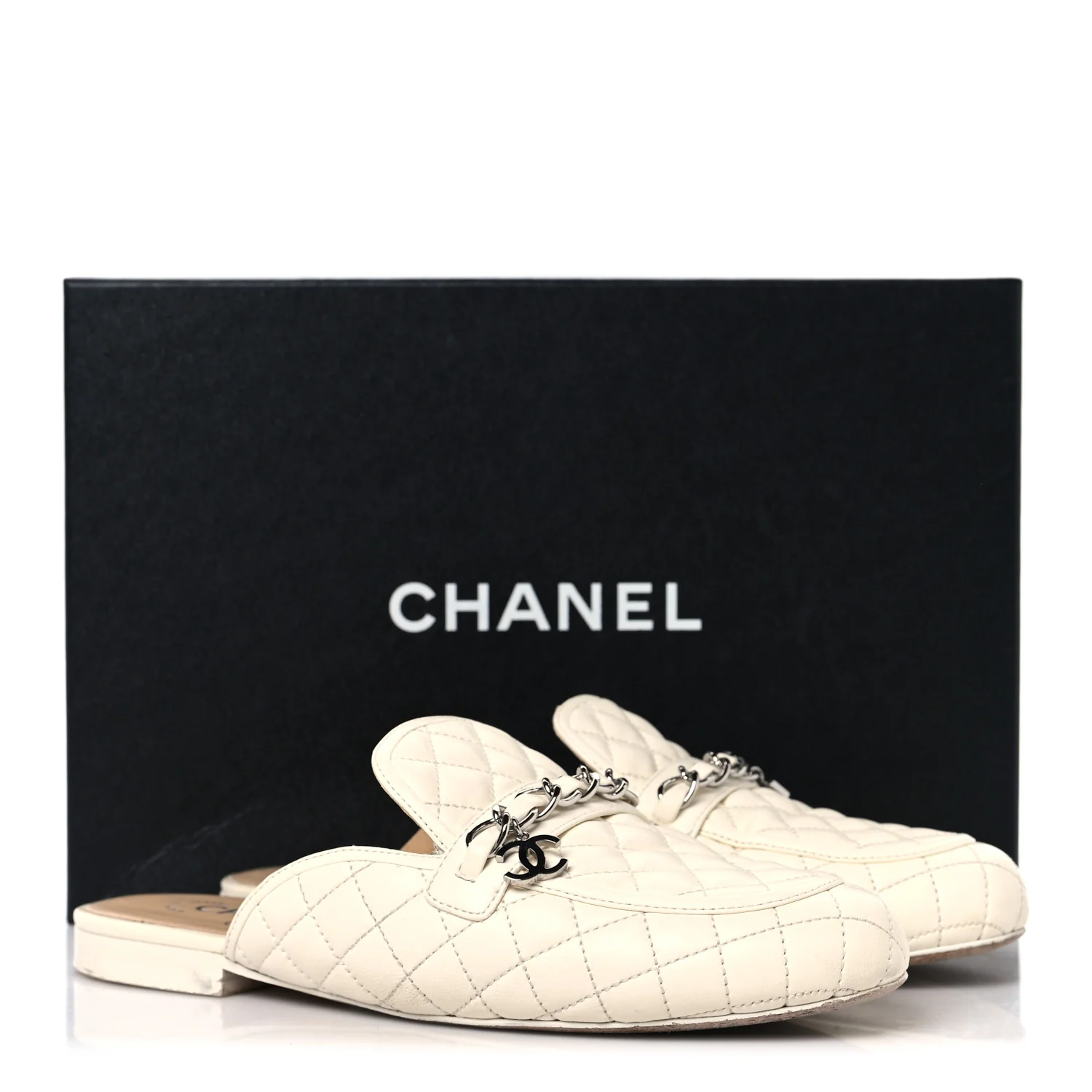 Lambskin Quilted Chain CC Mules 38 White - Top Club