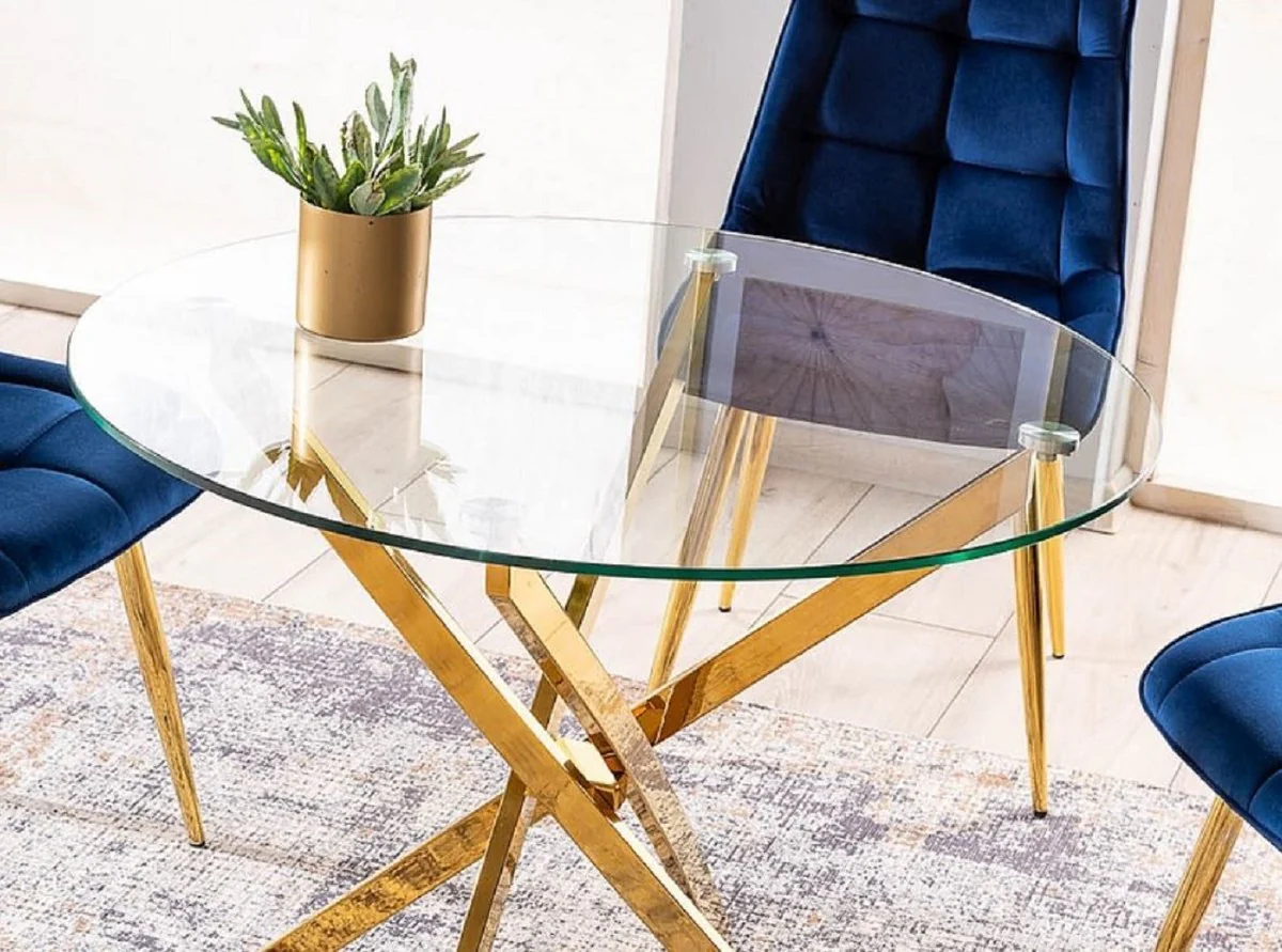 Luxury dining table gold Ø 90 x H. 71 cm - Round dining room table with tempered glass top - Dining room furniture - Kitchen furniture