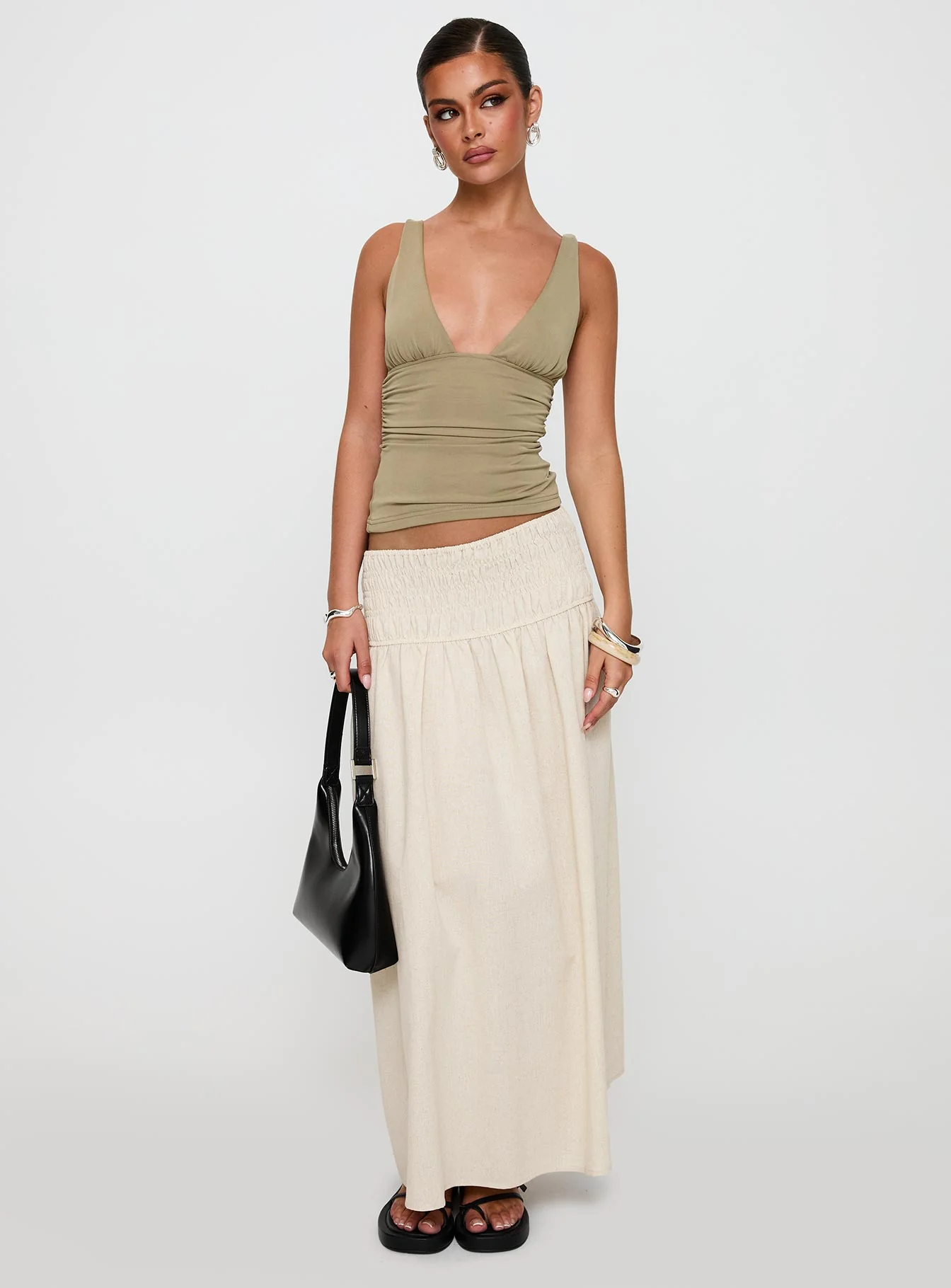 Small Towns Shirred Midi Skirt Beige