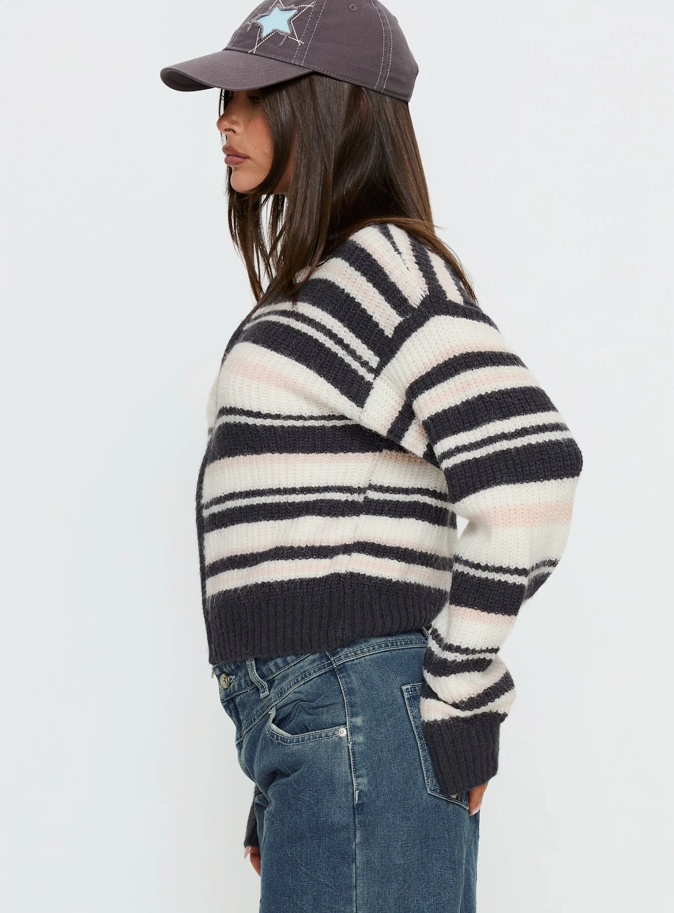 Tetra Zip Through Knit Sweater Pink Stripe