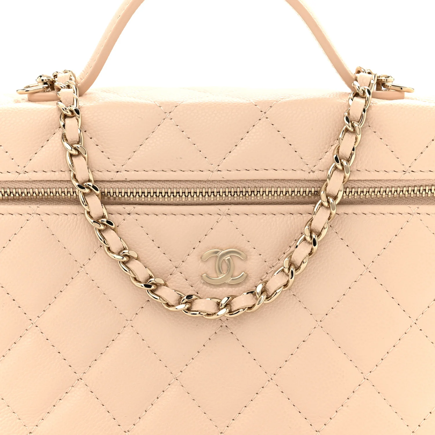 Caviar Quilted Top Handle Slim Vanity With Chain Beige - Top Club