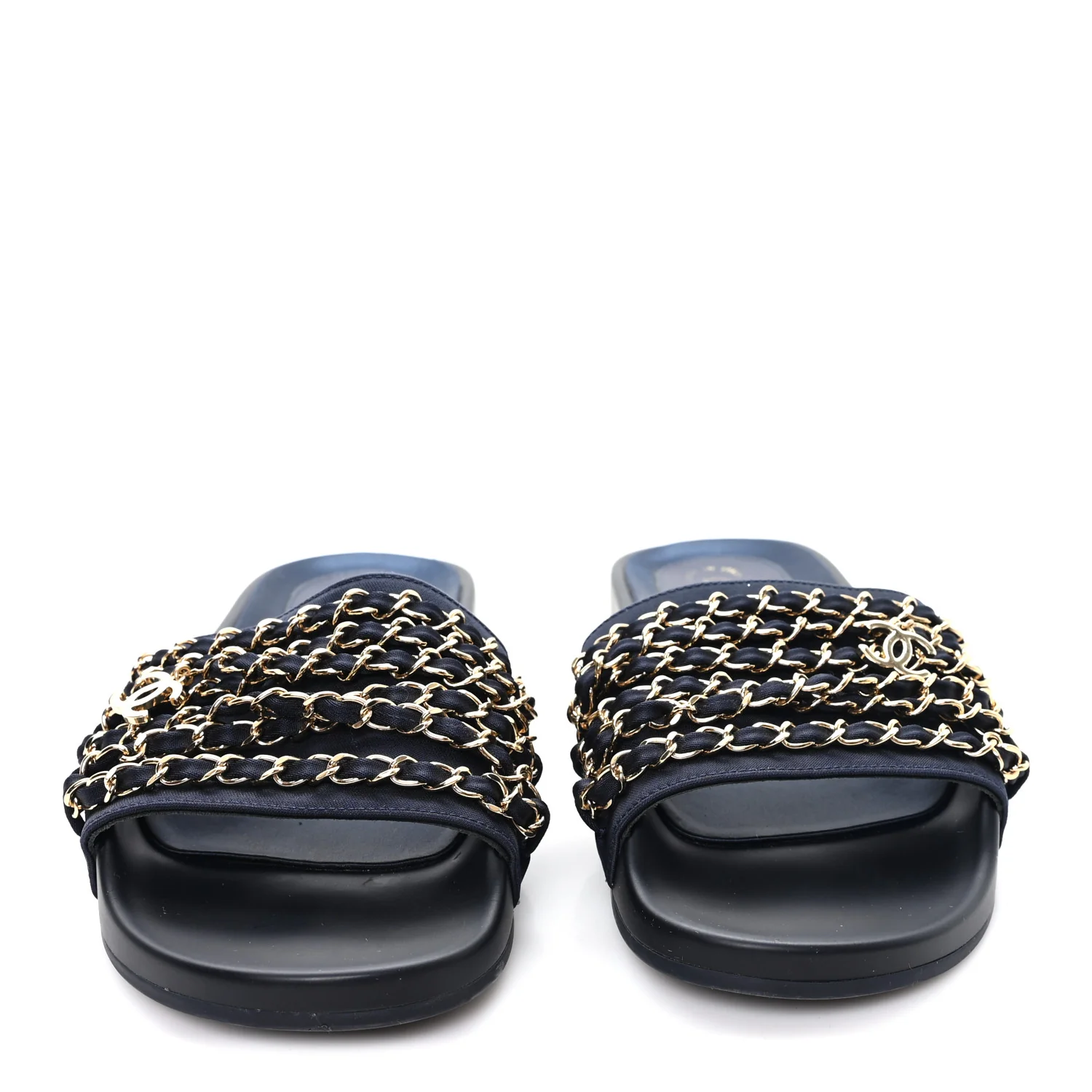 Satin Canvas Chain Slides Sandals Flats 38 Marine - Top Club