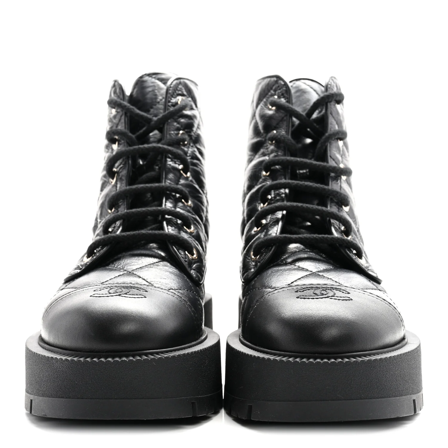 Crumpled Lambskin Quilted Platform Lace Up Combat Boots 39 Black - Top Club