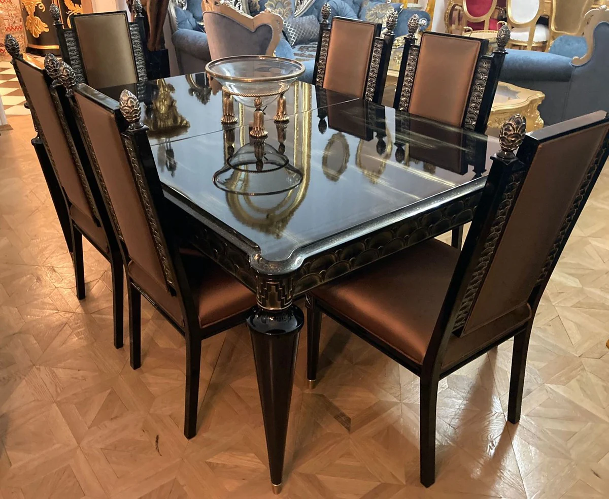 Luxury Baroque dining room set gold / black - 1 extendable Baroque dining table & 6 Baroque dining room chairs - Baroque dining room furniture - Luxury furniture in Baroque style - Noble & magnificent