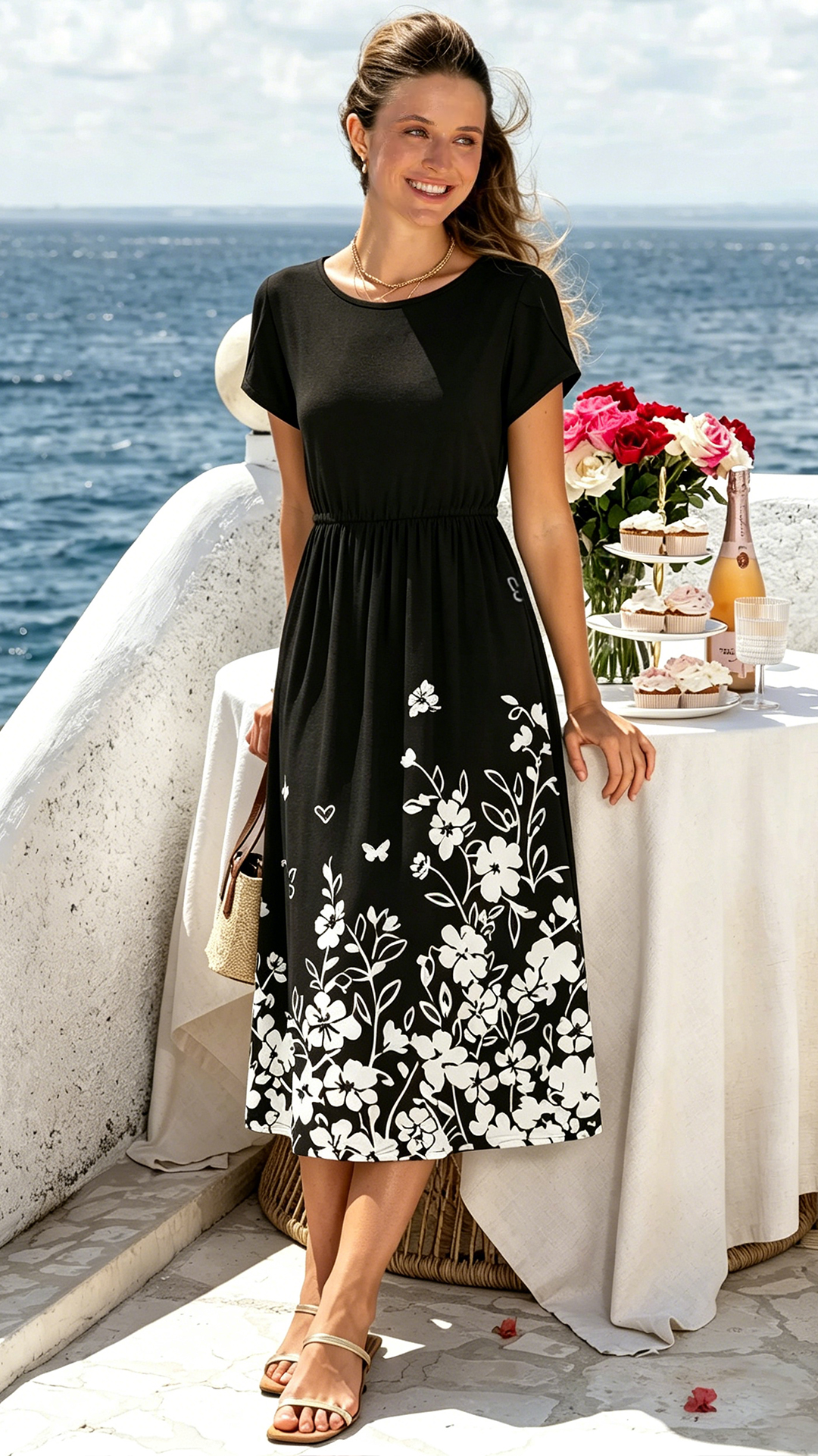 Elegant Short-Sleeve Timeless Black & White Floral Midi Dress with Floral Pattern - Nordfashionstorm - Women's Clothing, Fashion for You - Nordfashionstorm.com