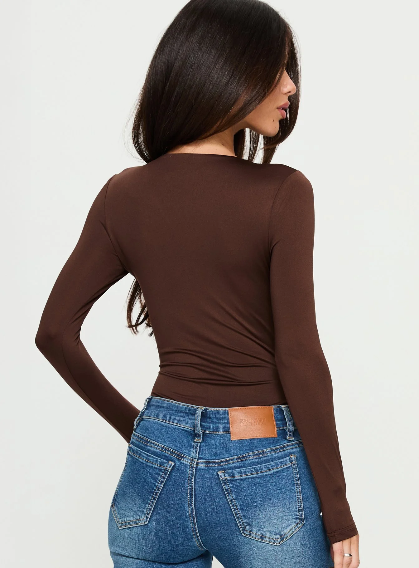 Vennie Twist Front Long Sleeve Bodysuit Brown