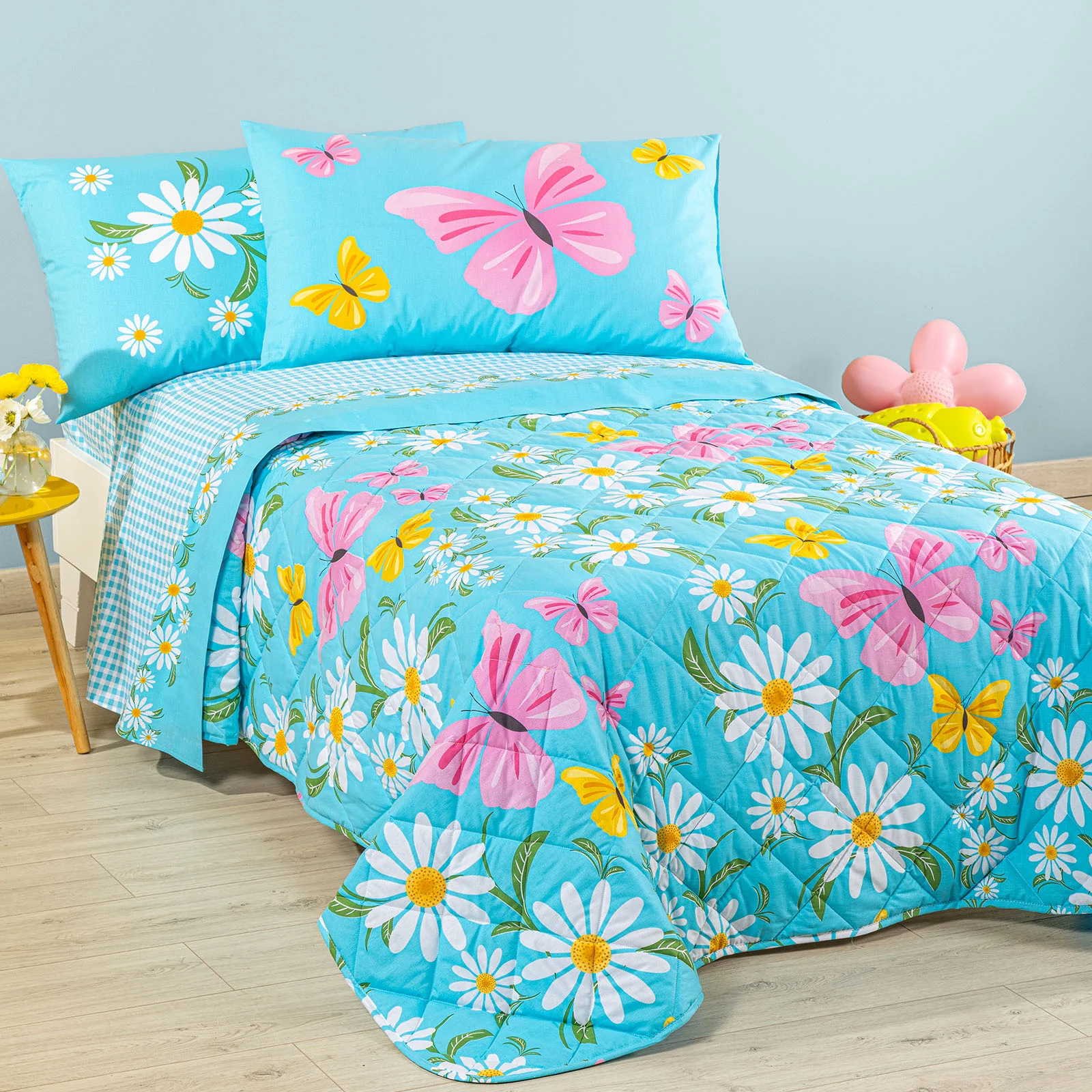 Copriletto Trapuntato In Cotone Margherite Piazza E Mezza Azzurro Caleffi Kids