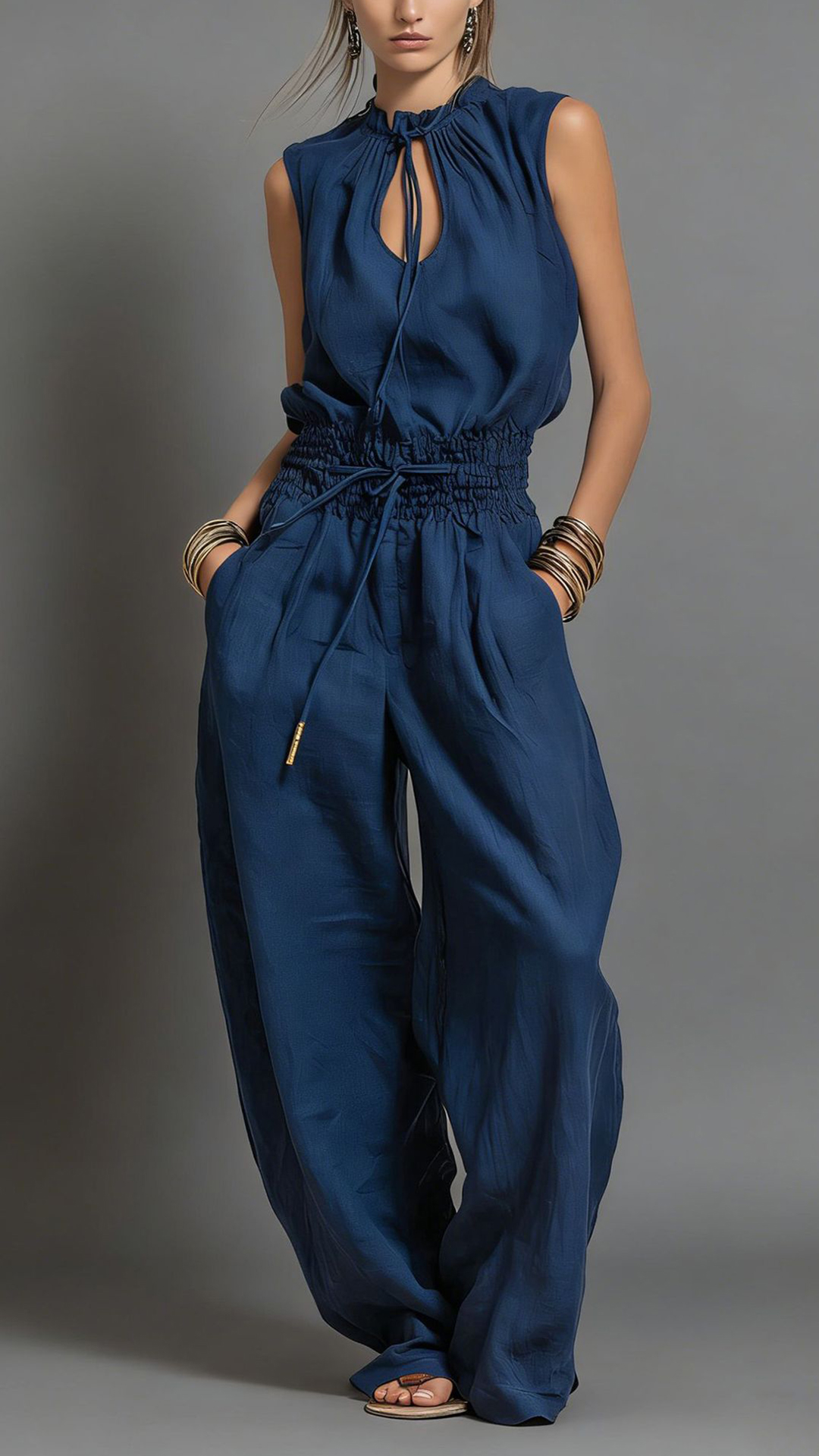 Women's Cotton-Blend Light Beige Waisted Sleeveless Jumpsuit - Nordfashionstorm - Women's Clothing, Fashion for You - Nordfashionstorm.com