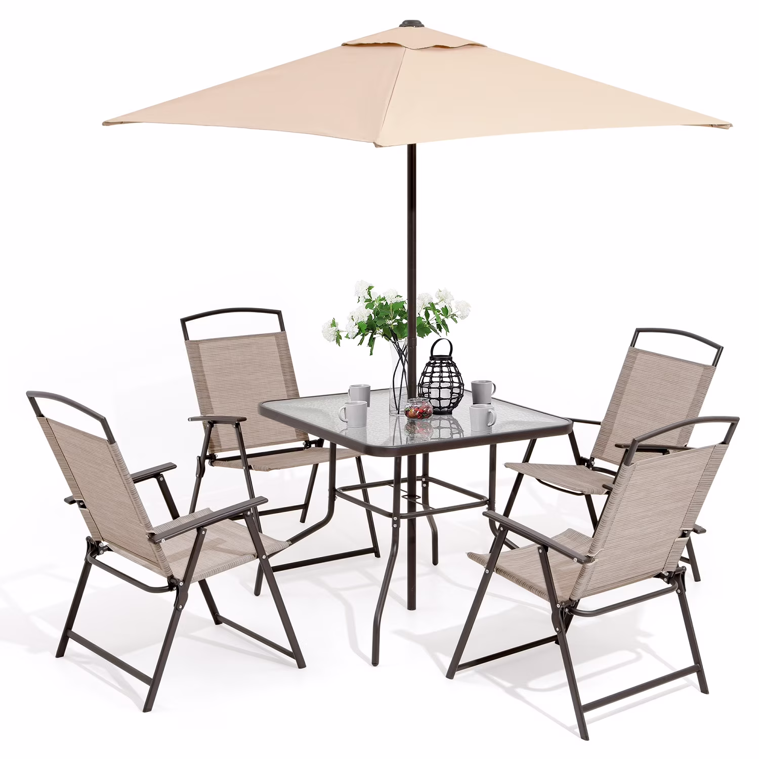 Pellebant 6 Pcs Metal & Glass Patio Dinning Set and Umbrella in Beige