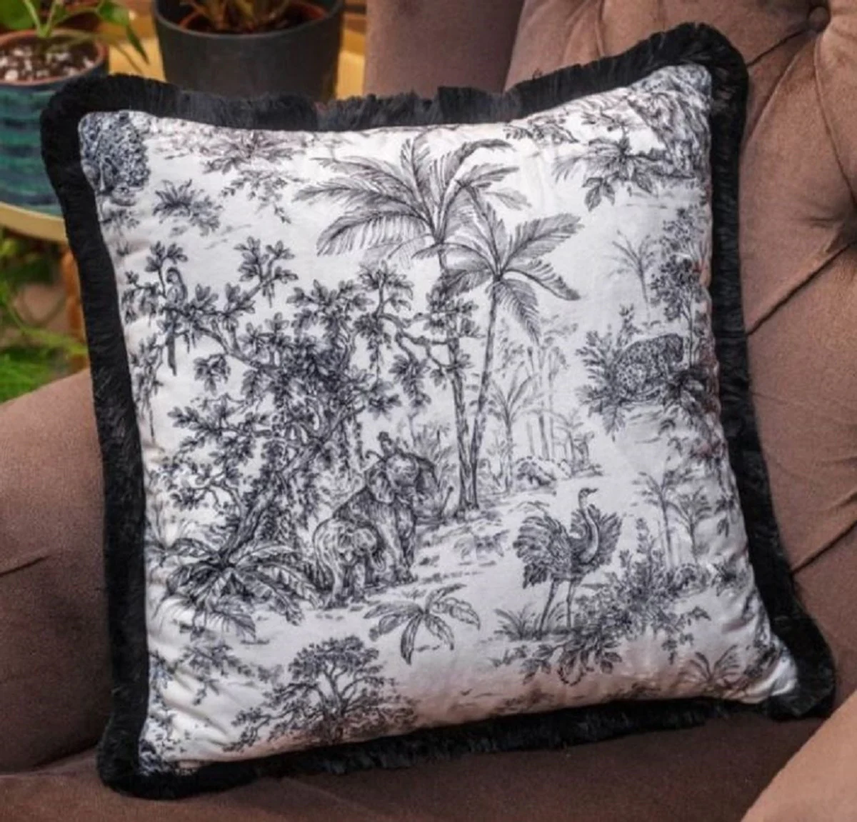 Luxury decorative cushion jungle white / black 45 x 45 cm - printed velvet cushion with fringes - luxury quality