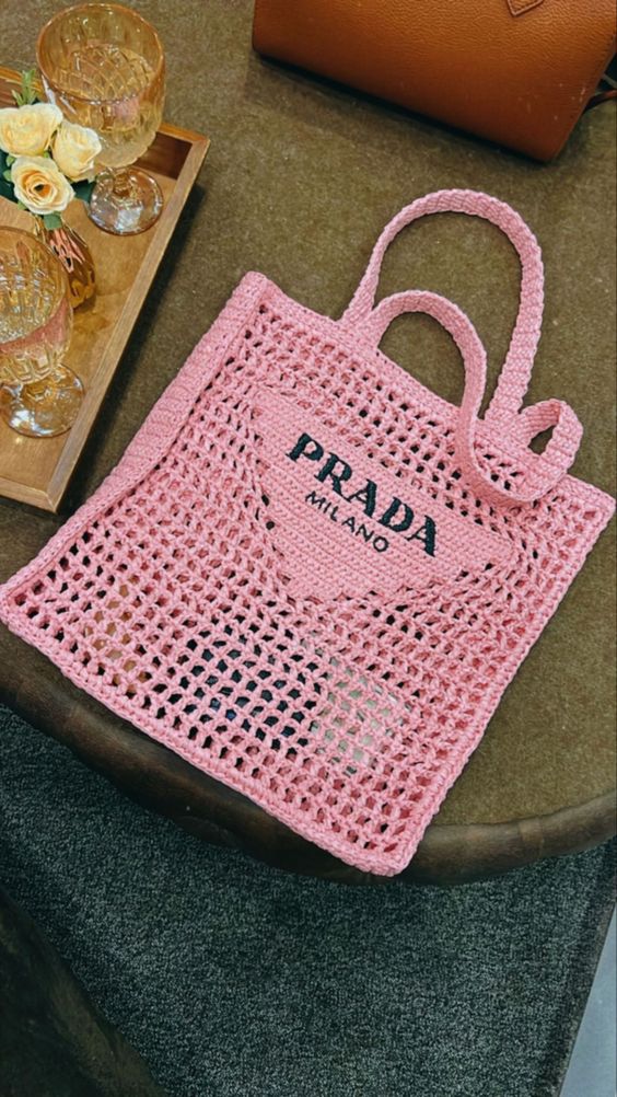 Prada Women's Natural Crochet Tote Bag-Pink - Top Club