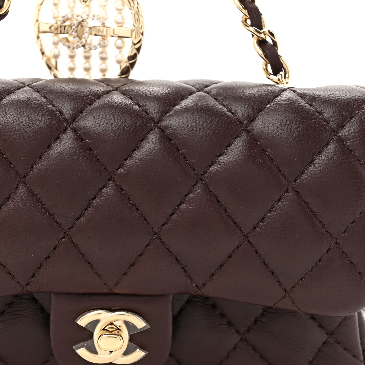 Lambskin Quilted Mini Flap Bag Charm With Hook Dark Brown - Top Club