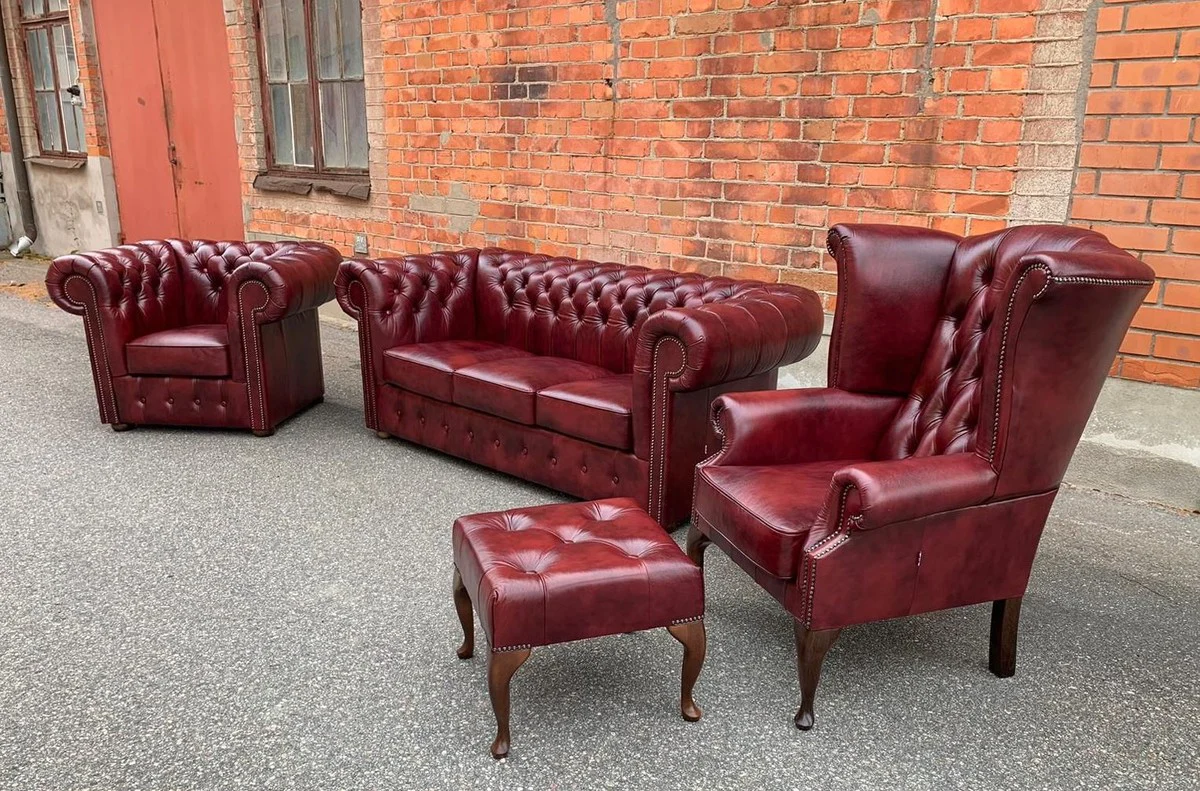 Luxury Chesterfield leather wing chair burgundy red / brown